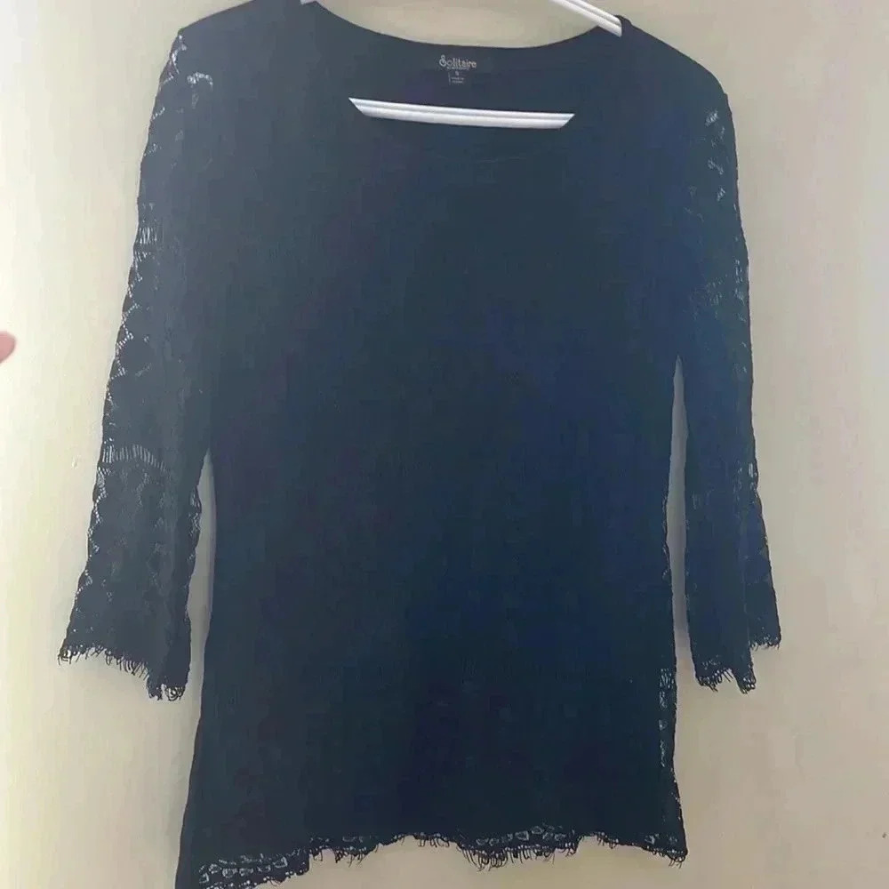 [S]Solitaire Black Laced  3/4 Sleeve Whimsigoth Crew Neck Blouser